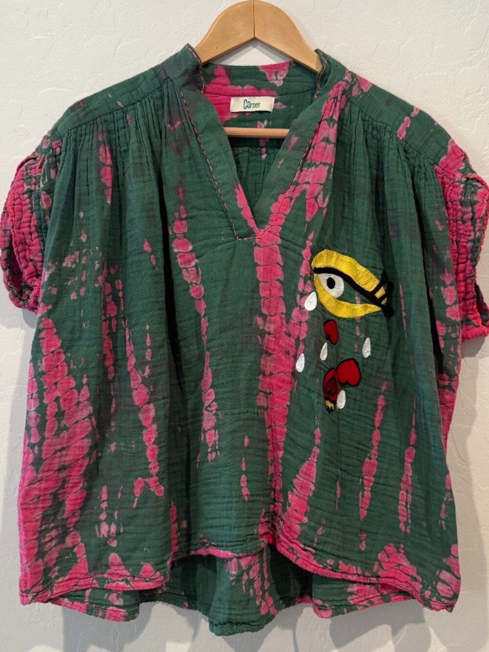 The Corner Cotton Gauze Tie Dye Crying Eye Embroidered Blouse Top Olive Green Pi